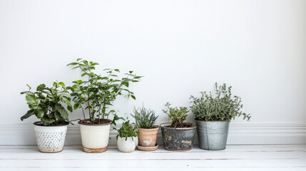 beautiful arrangement of green plants in various pots on white floor