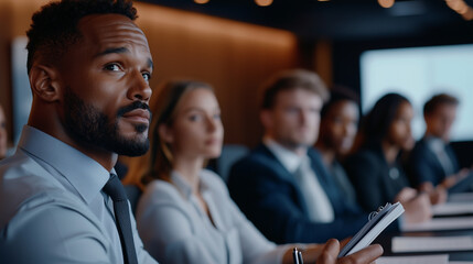 Group of professionals attentively taking notes during a diverse business seminar