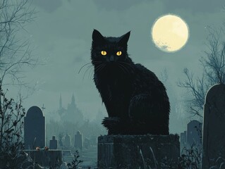 Dark graveyard with glowing-eyed black cat, Thai folklore mystery, eerie supernatural presence