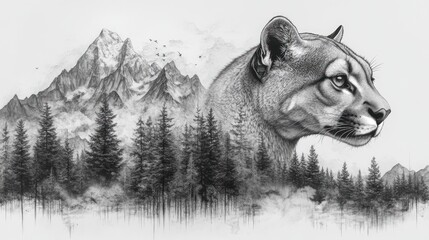Here's a description and keywords for your image.. Majestic cougar portrait blended with a mountain forest landscape in monochrome.