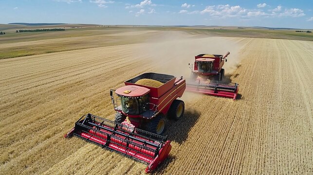 Aerial shot of a combine harvester harvesting grain during summer.