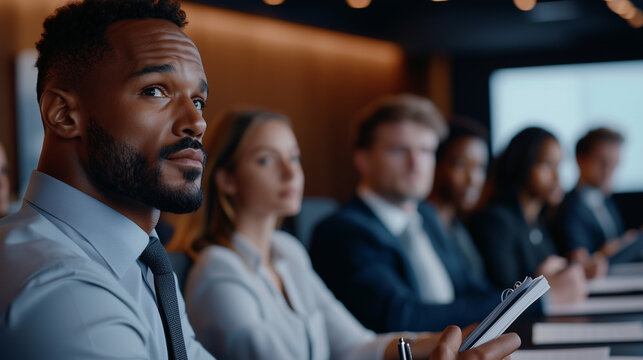Group of professionals attentively taking notes during a diverse business seminar