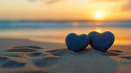 Fototapeta premium Two dark-toned, heart-shaped smooth stones arranged on a serene surface, symbolizing love, resilience, and unity. The natural textures and shapes evoke strength and enduring connection