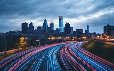 Fototapeta premium Philadelphia City Skyline at Night with Time-Lapse Highway Traffic