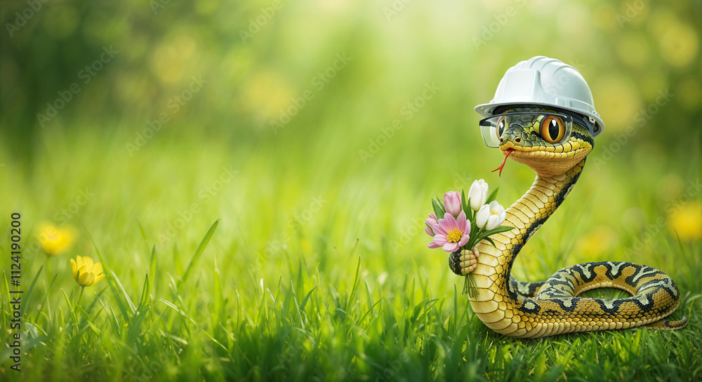 Poster cute snake symbol of the year in a builder's helmet and glasses with a flowers on a spring backgroun