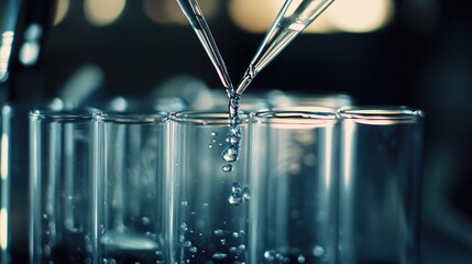 Chemical solutions being poured into graduated cylinders under precise conditions.