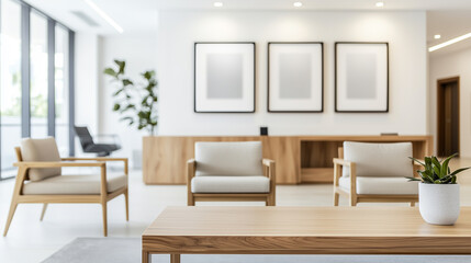 Minimalist office interior with blurred wall art and sleek wooden furniture