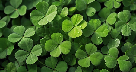 green clover background, fresh lush four leaf clovers pattern, natural template with copy space, st. Patrick, Ireland, luck