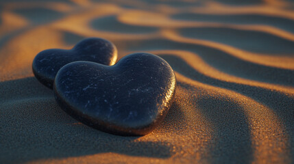 Fototapeta premium Two dark-toned, heart-shaped smooth stones arranged on a serene surface, symbolizing love, resilience, and unity. The natural textures and shapes evoke strength and enduring connection
