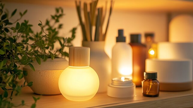 Sleep aid products neatly arranged on a bedside table, promoting relaxation and restful sleep for a peaceful night's slumber.