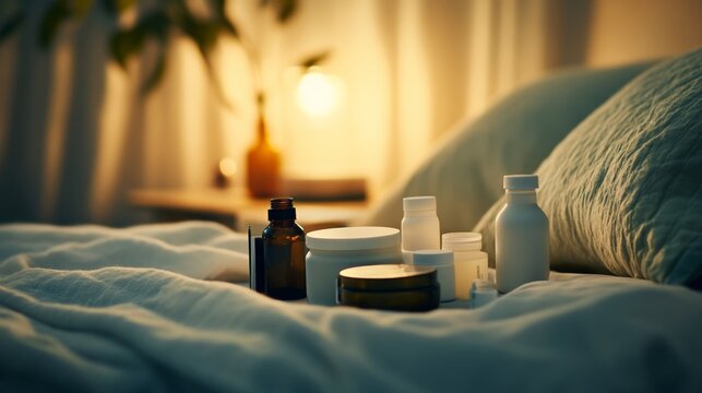Sleep aid products neatly arranged on a bedside table, promoting relaxation and restful sleep for a peaceful night's slumber.