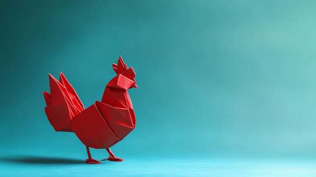 Origami cock on blue background, showcasing vibrant red color and intricate design
