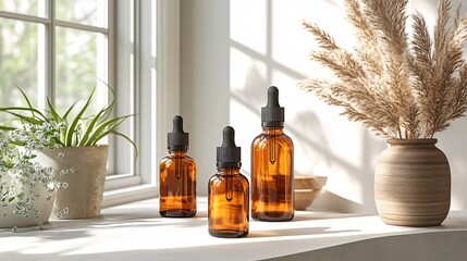 Fototapeta premium Elegant Display of Amber Bottles on a Sunlit Table