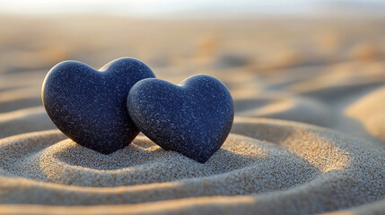 Obraz premium Two dark-toned, heart-shaped smooth stones arranged on a serene surface, symbolizing love, resilience, and unity. The natural textures and shapes evoke strength and enduring connection