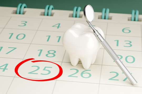 Dentist appointment reminder calendar. Tooth with a dental mirror near the calendar. 3d render