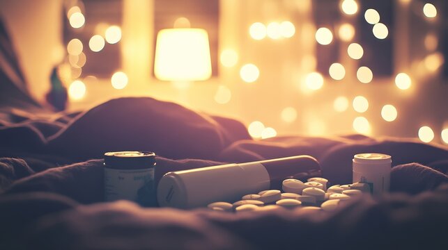 Sleep aid products neatly arranged on a bedside table, promoting relaxation and restful sleep for a peaceful night's slumber.