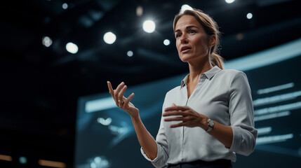 Professional woman on stage delivering a dynamic presentation with animated gestures
