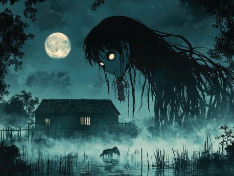 Ghostly spirit of Krasue floats in misty village, haunting presence under moonlit sky, Southeast Asian folklore terror