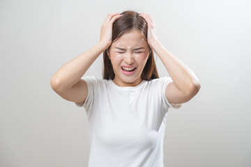 Dizzy asian young woman, girl headache or migraine pain suffering from vertigo while sitting on...