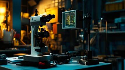 Advanced eye examination equipment setup in modern clinic. Precision tools for comprehensive vision assessment and diagnostics.