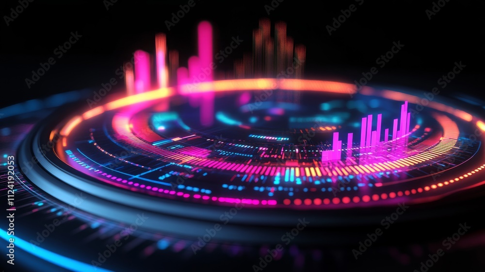 Poster futuristic circular interface with vibrant neon data visualization.