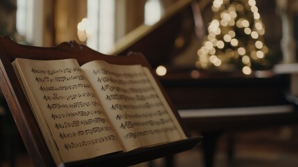 Classical music sheet notes elegantly displayed on a wooden stand, embodying the timeless beauty and intricate artistry of orchestral compositions.