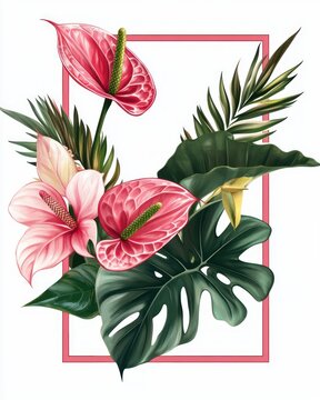 pink anthurium flowers tropical leaves arrangement clip art preview