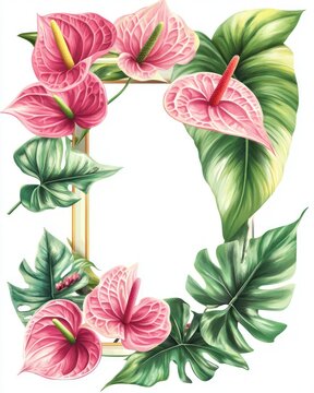 pink anthurium flowers frame tropical leaves clip art preview