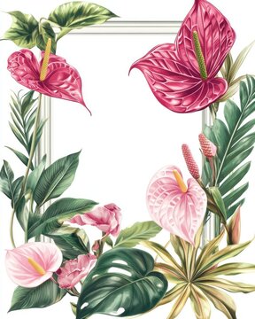 pink anthurium flowers and green leaves clip art preview