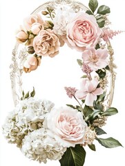 An oval floral wedding frame featuring blush pink garden roses, white hydrangeas isolated on a white background