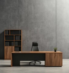 Modern Office Space with Wooden Desk and Bookshelf