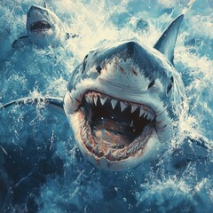 Fototapeta premium Intense Close-Up of Great White Shark Emerging from Ocean Waves with Open Mouth and Sharp Teeth