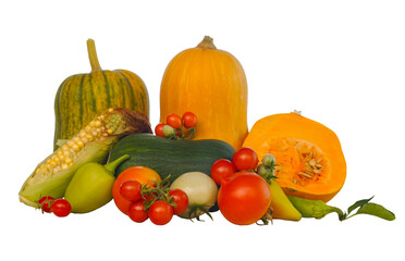 Pumpkin and various vegetables on a white background