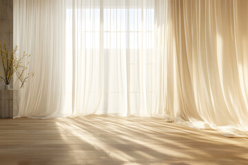 Backlit window with white curtains in empty room clean. Sunlight shines evening through window modern and inside there are shadows light. Interior room decoration. Background Abstract Texture.	