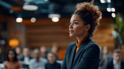 Energetic female presenter in professional attire passionately engaging an audience