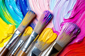 Fototapeta premium Brush has vibrant textured paint in various colors showing brushstrokes and detailed texture convey creativity and art. Paint Brushes with colorful paint on their bristles arranged on white background