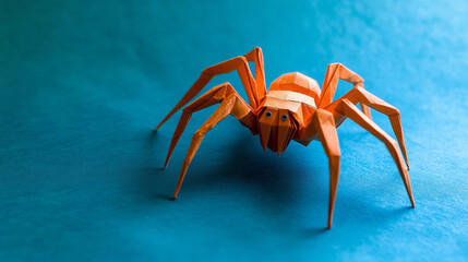 Fototapeta premium Origami spider on blue background, showcasing intricate paper folding art