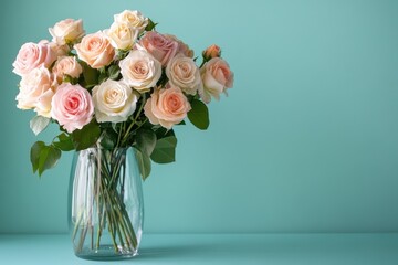 Fototapeta premium Graceful Arrangement of Polished Pastel Roses in a Clear Vase for Elegant Home Decor