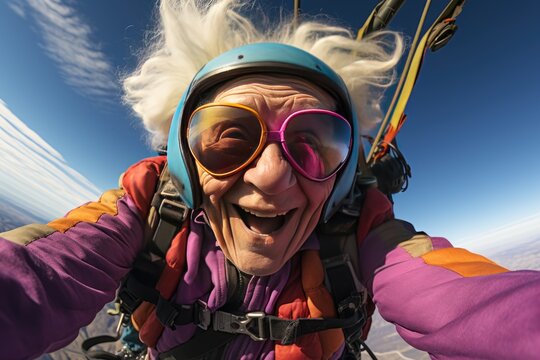 an elderly woman is flying the air on a parachut