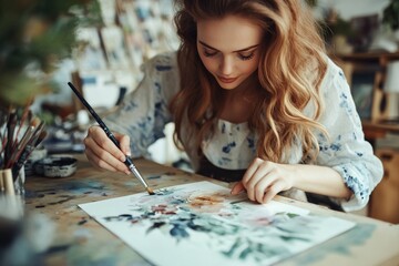 Fototapeta premium Slim beautiful young woman painting a Motherâ€™s Day card with watercolor, half-body shot, creative and artistic atmosphere, indoor workspace with soft natural light. 