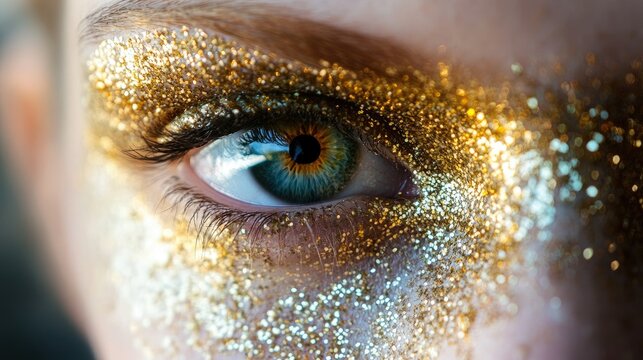 Close-up of a woman's eye adorned with gold glitter makeup.