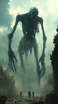 Towering skeletal spirit Pret looms in a ghostly temple, embodiment of karmic greed and torment.
