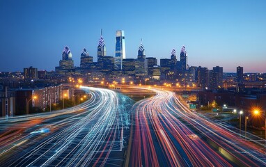 Fototapeta premium Philadelphia City Skyline at Night with a Stunning Highway Traffic Light Trails