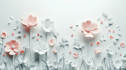 Stylized 3D flowers blooming against pure white background create serene atmosphere