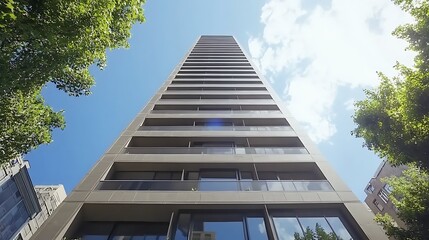 Modern Highrise Building Viewed From Below Amidst Trees