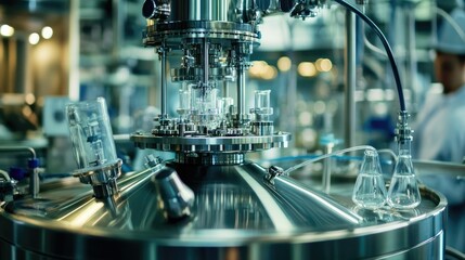 Fototapeta premium Close-up of stainless steel bioreactor in pharmaceutical lab.