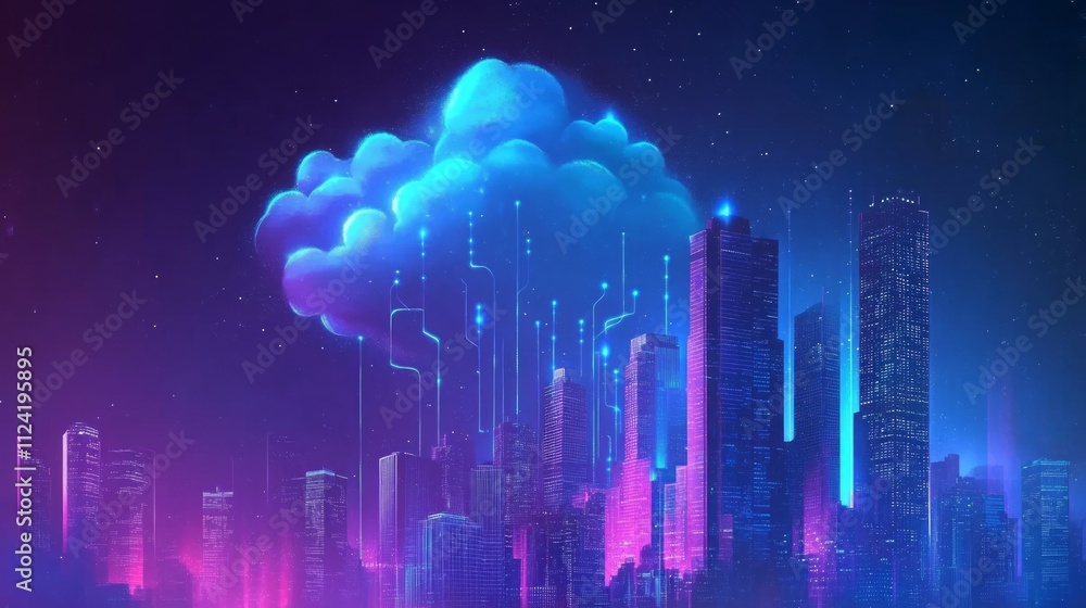Aufkleber futuristic city skyline with glowing cloud computing network.