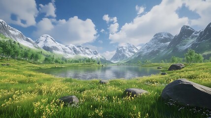 Serene Alpine Lake: 3D Render of a Sunny Mountain Valley. AI Generated
