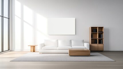 Fototapeta premium Clean and Simple: Minimalistic White Living Room with Sofa, Bookcase, and Coffee Table