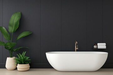 Fototapeta premium Modern Minimalist Bathroom with Dark Vertical Panels and White Freestanding Tub
